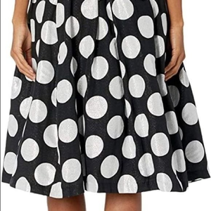 𝅺Ronni Nicole Evening Midi Skirt‎ Womens Size 6 Black Metallic Silver Polka Dot